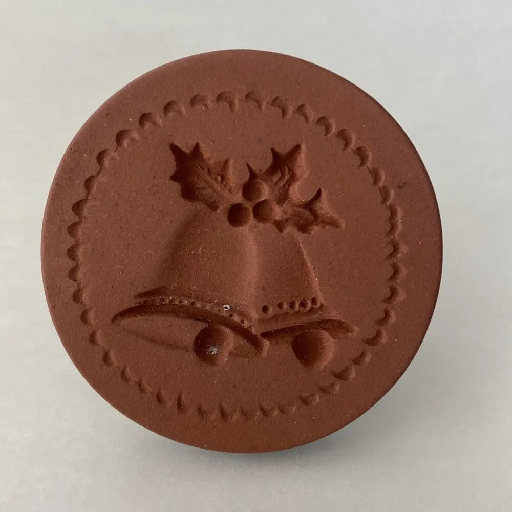 Rycraft Cookie Stamp Christmas Bells Terra Cotta 2” Round Handle Green Glaze